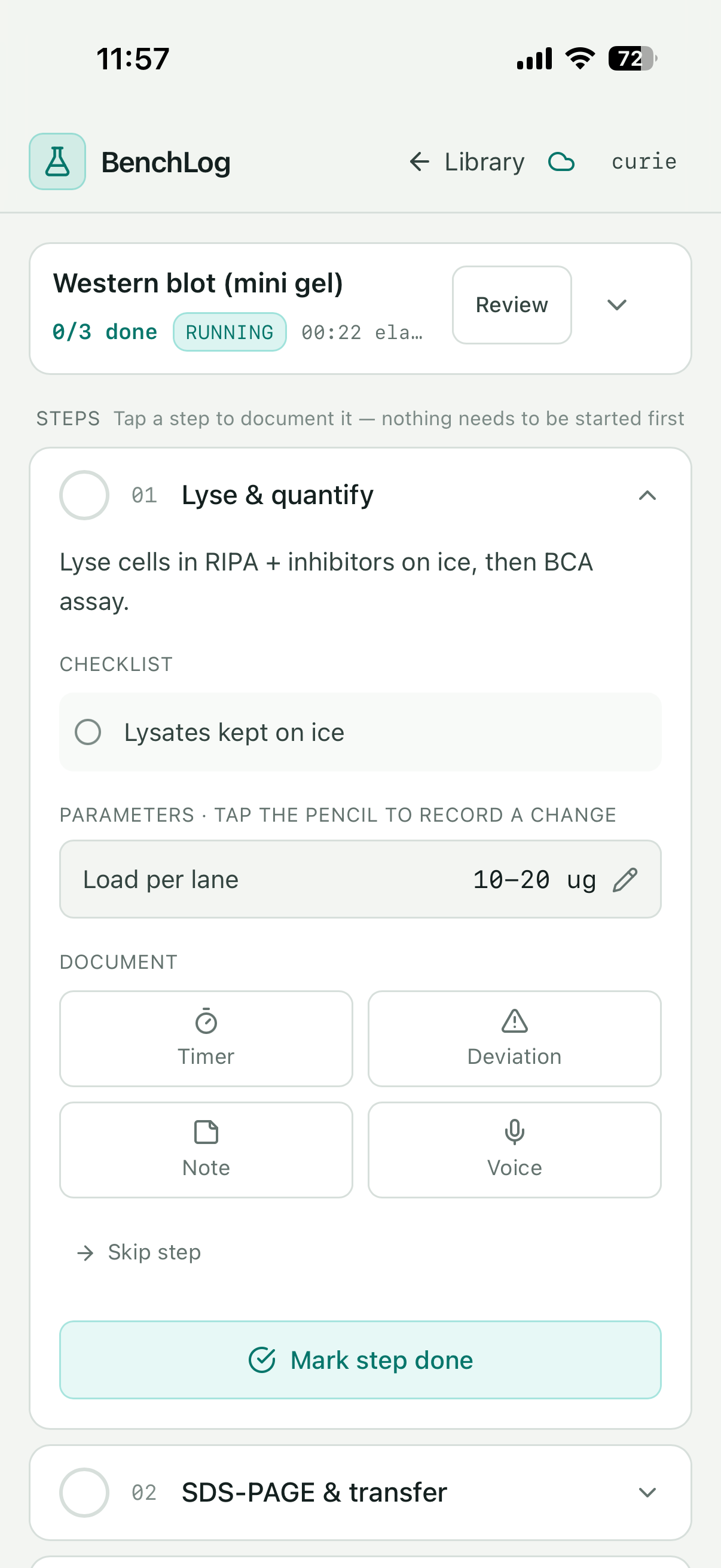 BenchLog running a bacterial transformation protocol with step guidance, parameters, timers, notes, voice and deviation controls